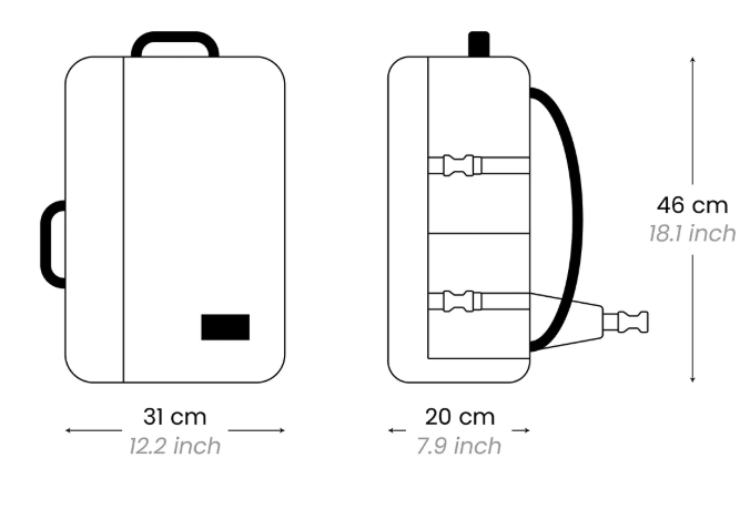 CabinZero Classic Pro 32L – rozměry 46 × 31 × 20 cm